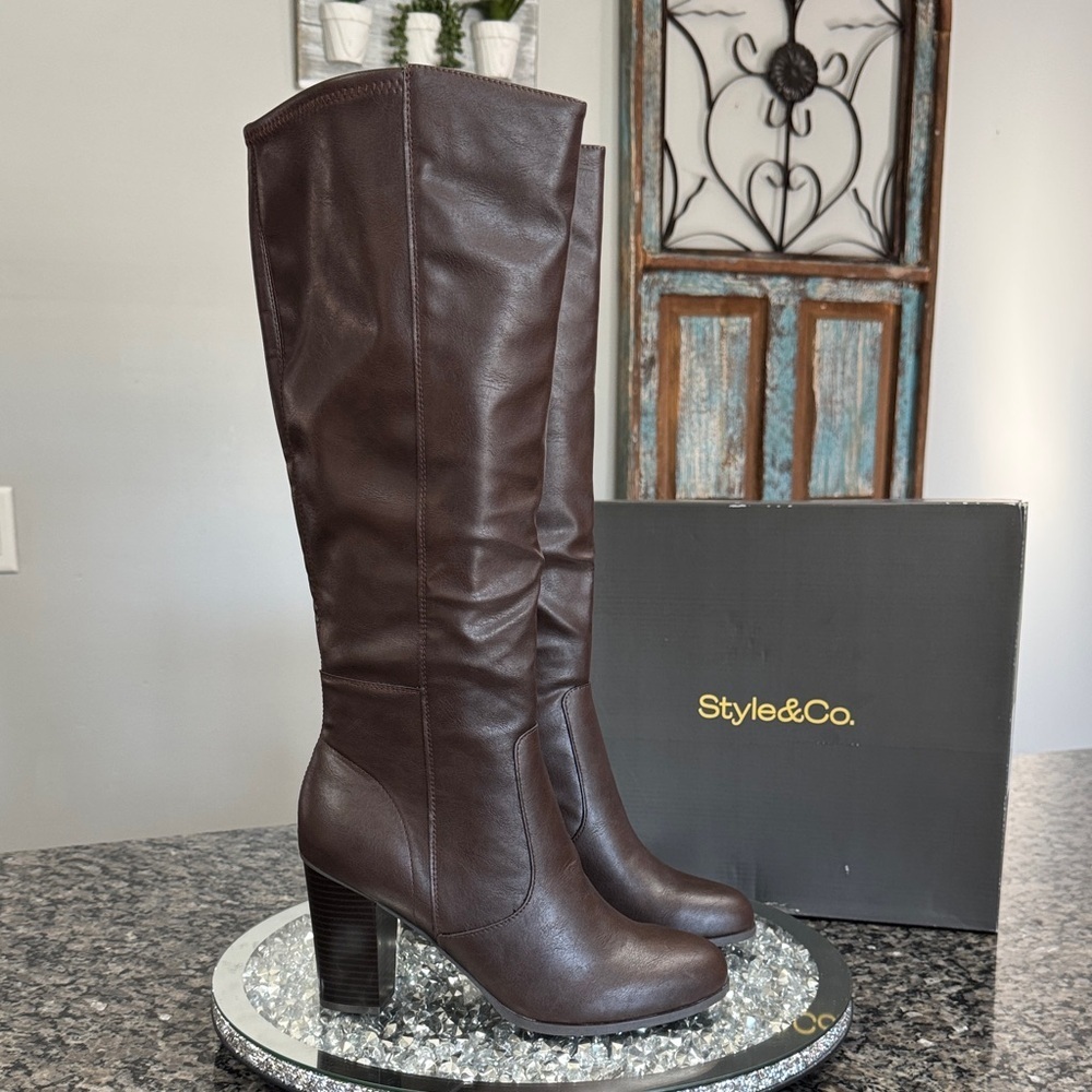 Style & Co. Addy Dark Brown chunky stacked block Heeled Boots NEW 10
